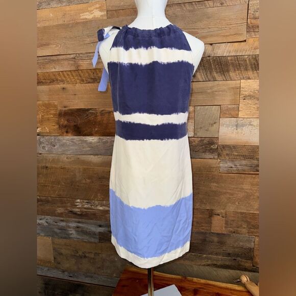 Banana Republic Blue and Cream Ruffled lined Silk Sundress with shoulder tie sz4 - Picture 3 of 6